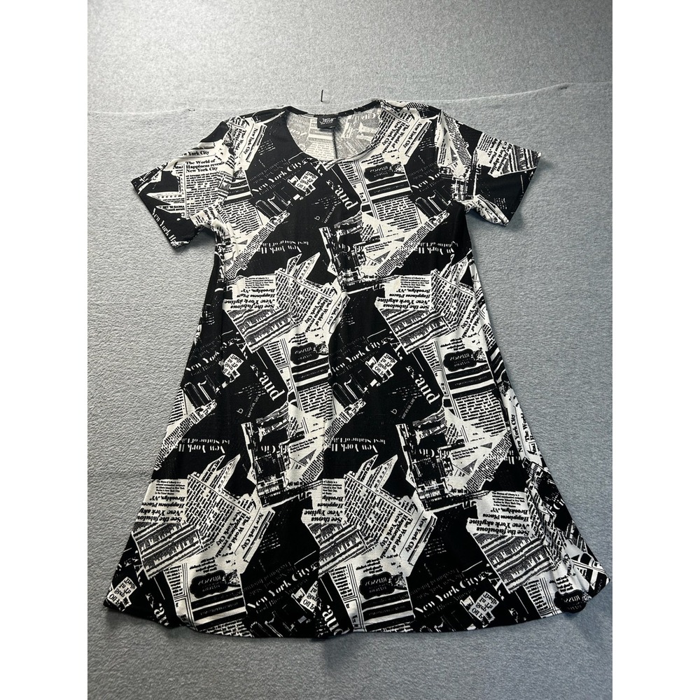 Jostar A-Line Dress Womens Black White Newspaper Print XL Short Sleeve NYC‎